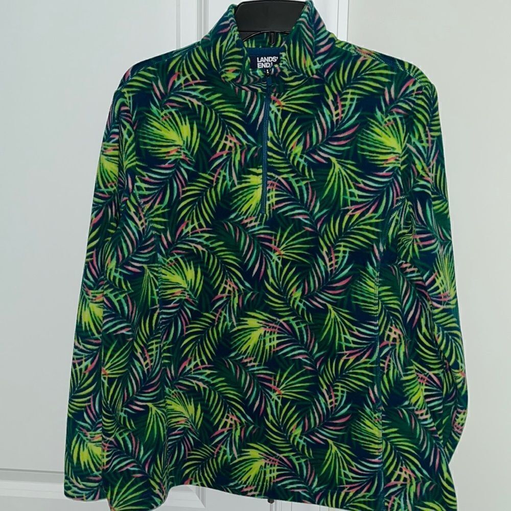Land's End Green Pink Long Sleeve 1/4 Zip Mock Neck Fleece Pullover L sweater